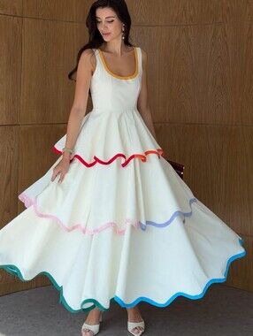 Fashion Contrast Ruffle Maxi Dress Women Sexy Dress
